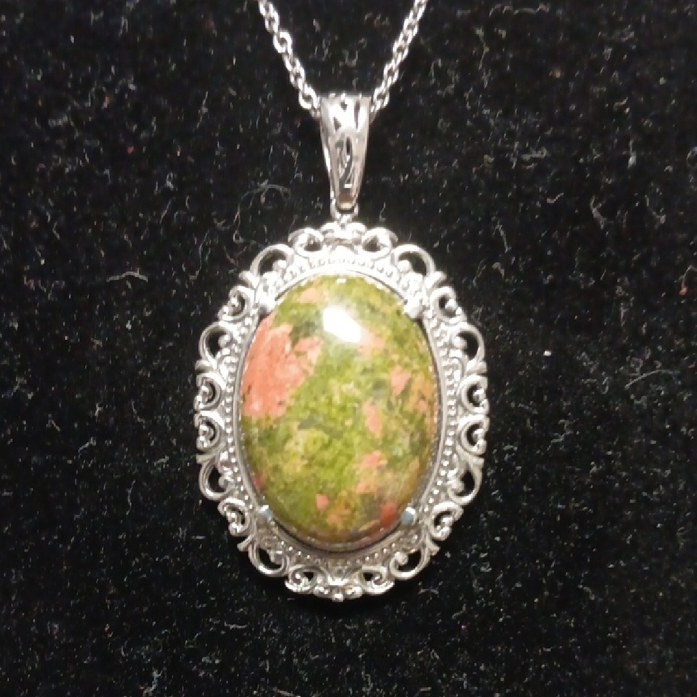Unakite Pendant Necklace 20 Inches in Stainless Steel 27.20 ctw